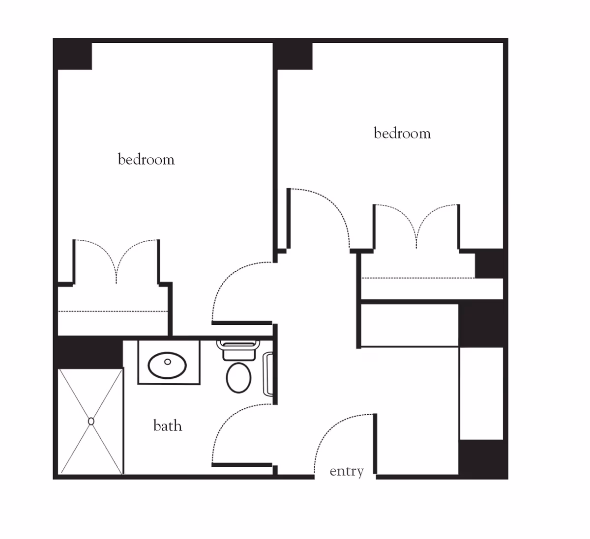 Architectural floor plan showing two bedrooms, one bathroom, and an entry area with doors and closets.