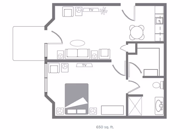 Architectural floor plan of a 650 square feet living space at The Bungalows at Springdale, showing a bedroom with a bed and nightstands, a living room with seating and TV, a kitchen with dining table, and a bathroom with shower, toilet, and sink.