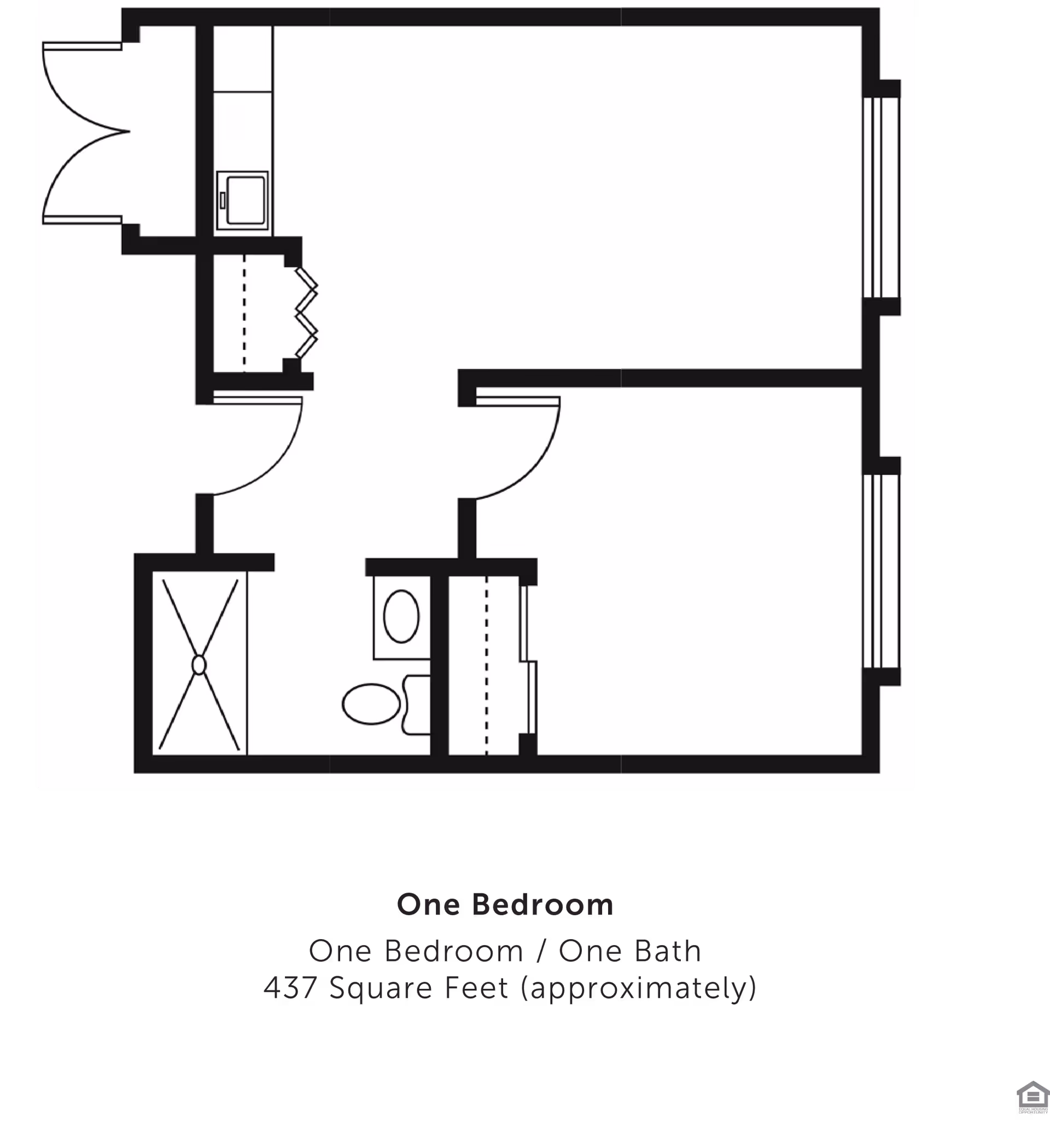 Architectural floor plan of a one-bedroom, one-bath apartment with approximately 437 square feet. The layout includes an entryway, kitchen area, bathroom with shower and toilet, bedroom, and living space.