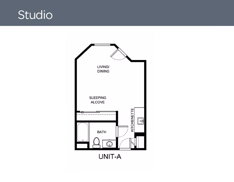 Black-and-white studio floor plan labeled 'UNIT-A' showing a living/dining area, sleeping alcove, kitchenette, and bathroom.