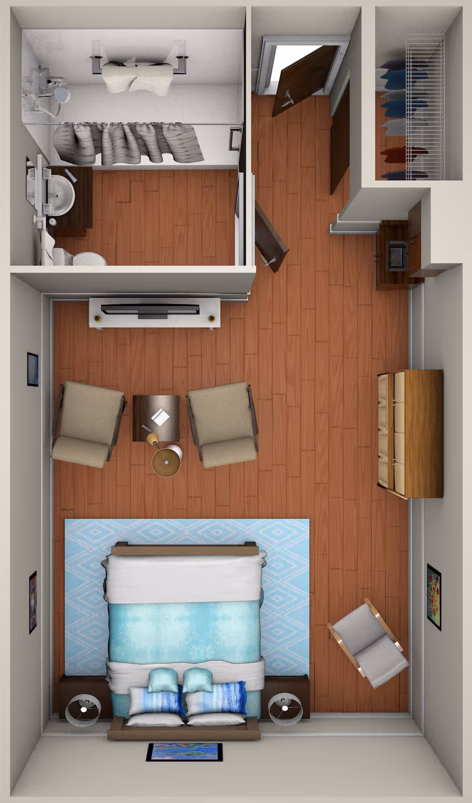 Top-down view of a senior living facility room layout featuring a bedroom area with a bed, two nightstands with lamps, a blue patterned rug, and a sitting area with two armchairs and a small table. Adjacent to the bedroom is a bathroom with a shower, toilet, and sink. There is also a closet with hanging clothes and a small entryway with a door and a cabinet.