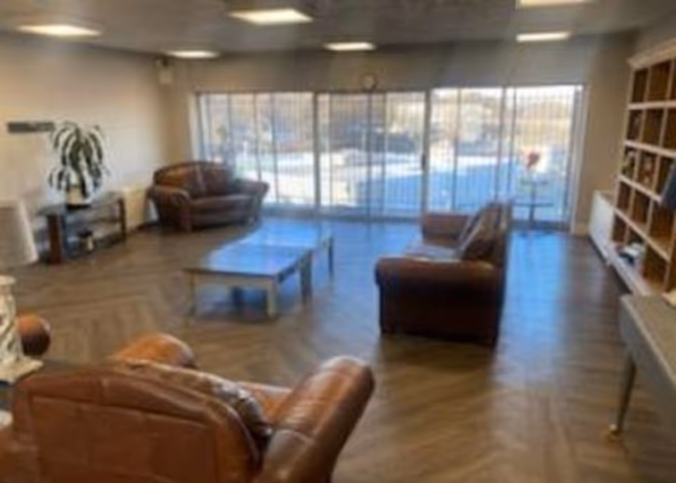A spacious living room with three brown leather armchairs arranged around a rectangular coffee table. The room has large floor-to-ceiling windows letting in natural light, a wooden floor with a herringbone pattern, a tall plant on a small table, and a bookshelf along one wall.
