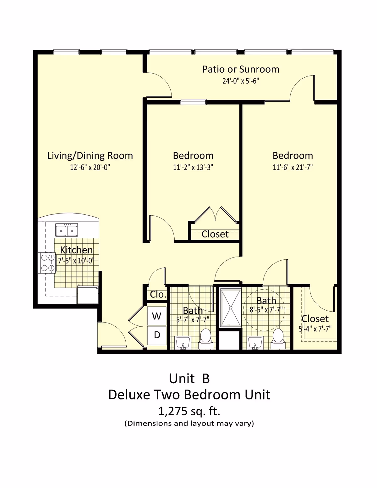 Floor plan diagram of Unit B, a 1,275 sq. ft. deluxe two-bedroom unit showing living/dining room, kitchen, two bedrooms, two bathrooms, closets, and a patio/sunroom with dimensions.