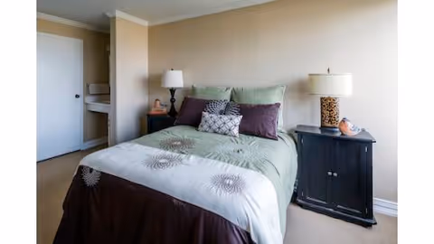 A bedroom with a neatly made bed featuring green and white bedding with decorative pillows. There are two black nightstands on either side of the bed, each with a lamp and decorative items. A door to a bathroom or closet is visible on the left side of the room.