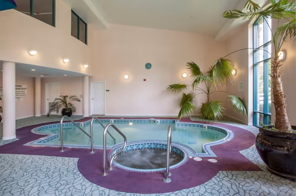 Indoor pool area with a small hot tub in the foreground, surrounded by purple and patterned flooring. There are large potted palm plants near the windows and walls, with soft lighting on the walls and a clock above the pool. The space has high ceilings and large windows letting in natural light.