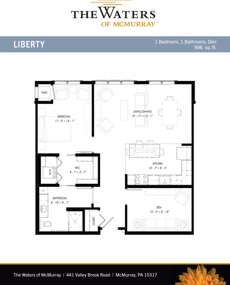 Floor plan blueprint titled 'LIBERTY' for The Waters of McMurray showing a one-bedroom, one-bathroom with den layout.