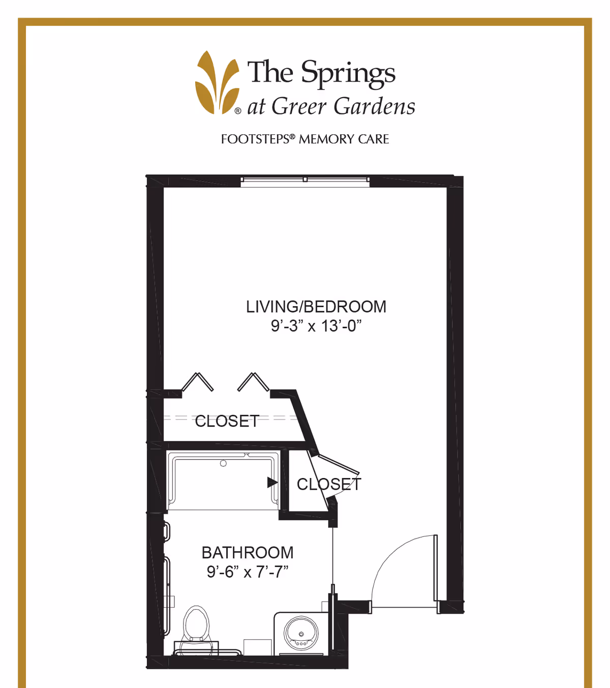 Floor plan diagram for The Springs at Greer Gardens showing a living/bedroom (9'-3" x 13'-0"), bathroom (9'-6" x 7'-7") and two closets.