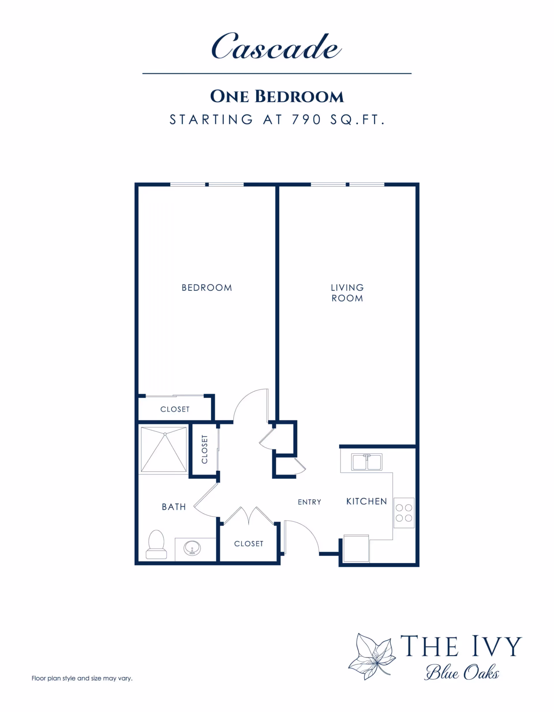 Blue-and-white one-bedroom floor plan titled 'Cascade' showing bedroom, living room, kitchen, bathroom and closets, with The Ivy Blue Oaks logo.