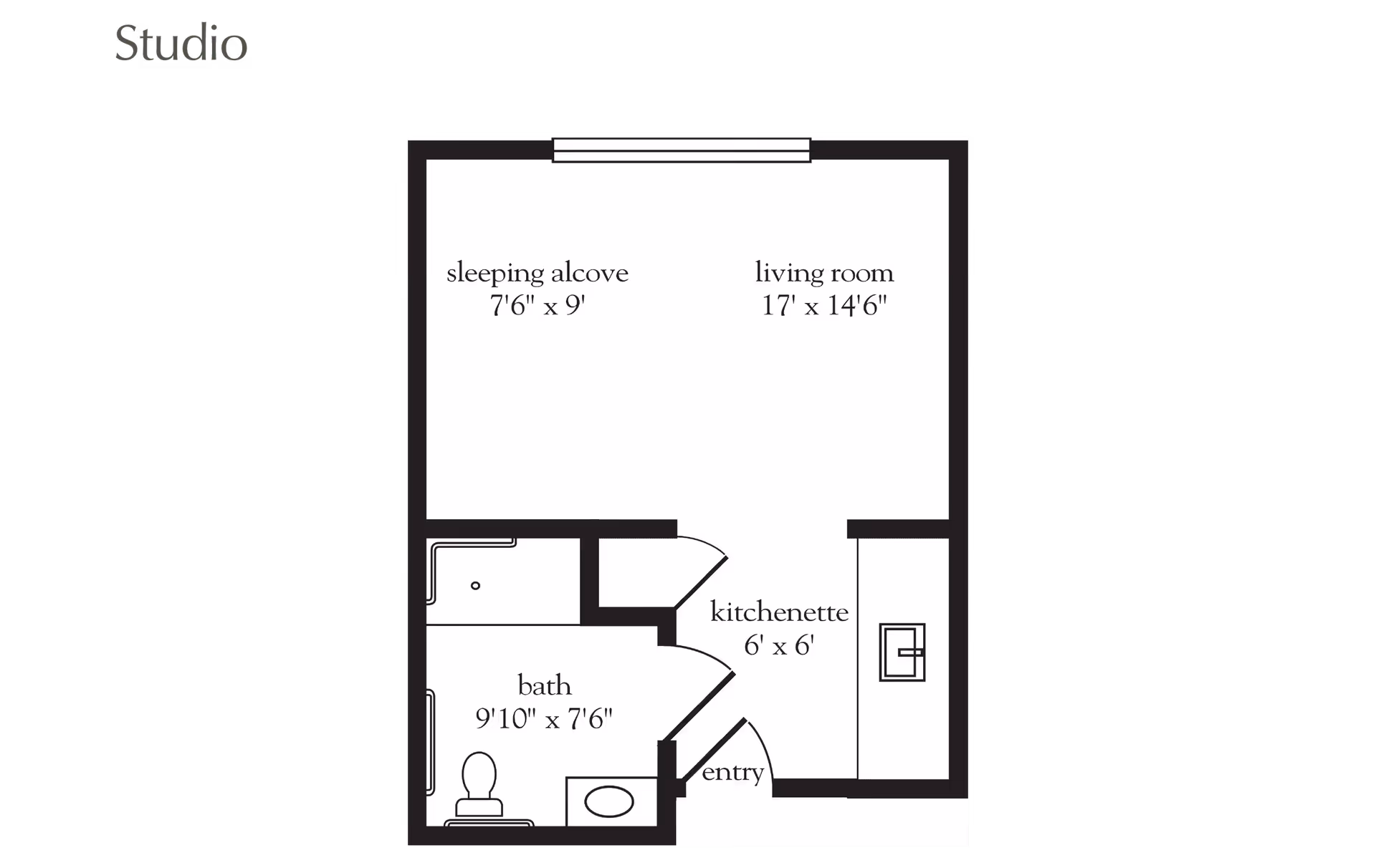 Floor plan of a studio apartment showing a sleeping alcove measuring 7 feet 6 inches by 9 feet, a living room measuring 17 feet by 14 feet 6 inches, a kitchenette measuring 6 feet by 6 feet, a bath measuring 9 feet 10 inches by 7 feet 6 inches, and an entry area.