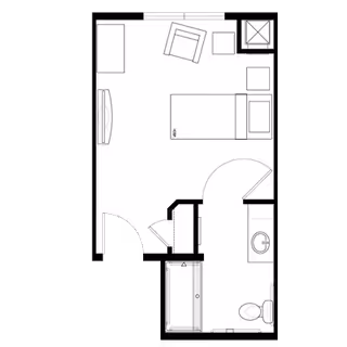 Architectural floor plan of a small living space featuring a bedroom area with a bed, chair, and dresser, and an attached bathroom with a sink, toilet, and bathtub.