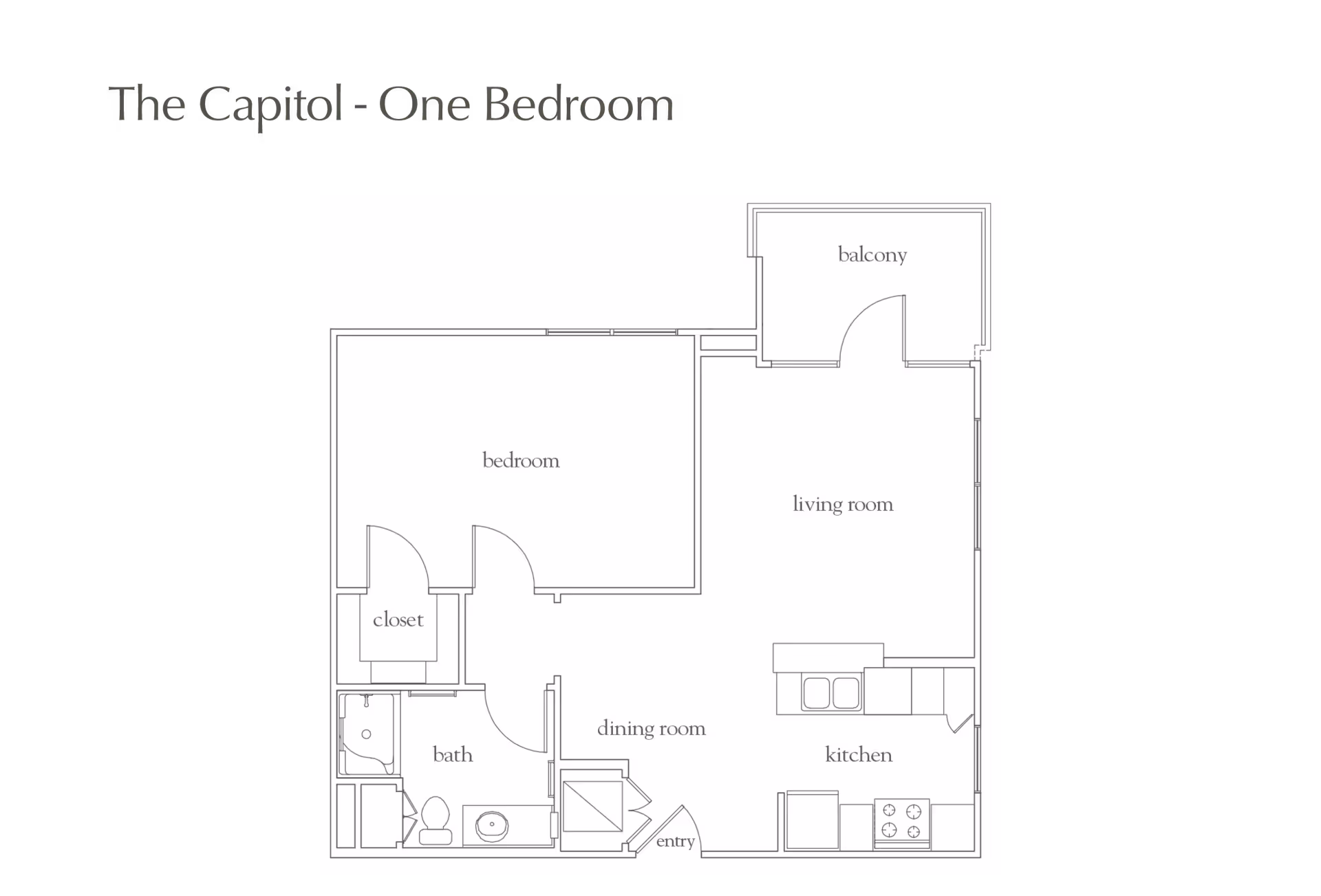 Floor plan titled 'The Capitol - One Bedroom' showing a layout with a bedroom, closet, bathroom, dining room, kitchen, living room, and balcony.