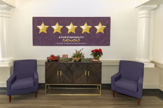 Two purple armchairs flank a decorative console topped with plants and holiday decorations beneath a wall banner showing five gold stars and the words "A Five Star Facility".