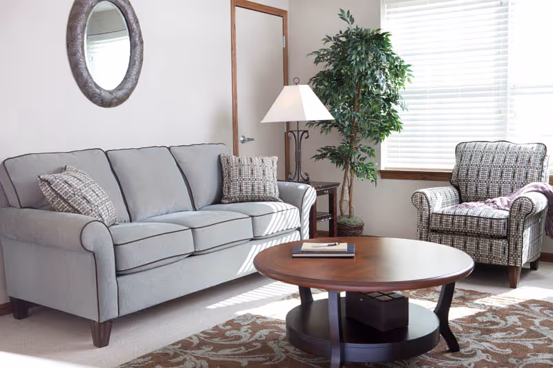 Sunlit living room with a gray sofa, patterned armchair, round wooden coffee table, floor lamp, potted plant, and a window with blinds.