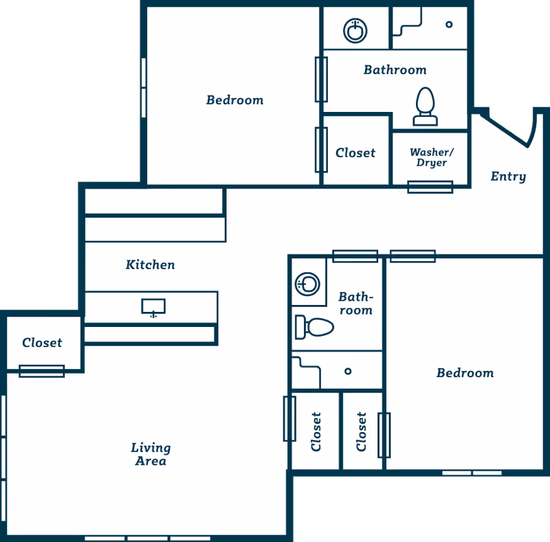 Floor plan of a residential unit at Everlan of Clemson showing two bedrooms, two bathrooms, a kitchen, a living area, closets, an entry, and a washer/dryer area.