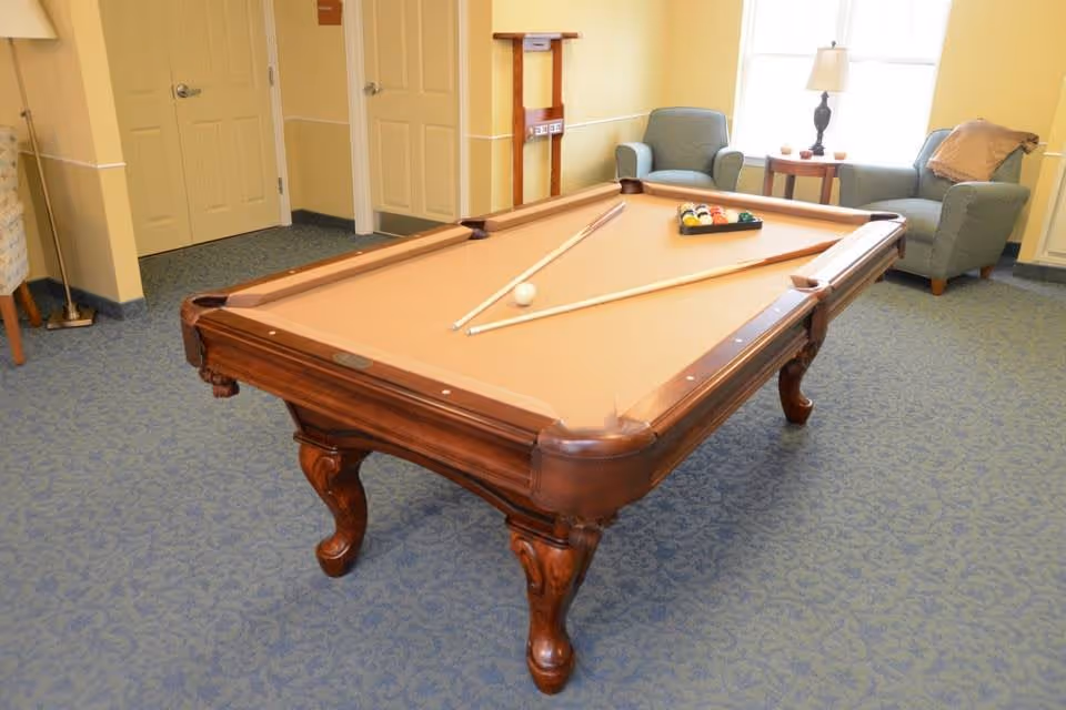 A billiards table with cues and balls in a cozy room featuring two green chairs and a lamp.