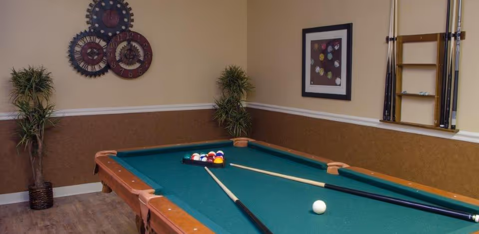 Indoor recreation room with a pool table, cues, and wall decor.