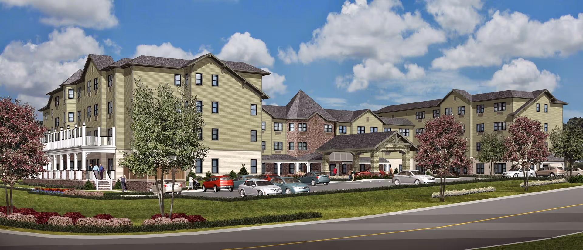 Exterior view of a large multi-story senior living facility building with beige and brick facade, surrounded by landscaped greenery and trees, with several cars parked in front and people walking near the entrance under a partly cloudy sky.