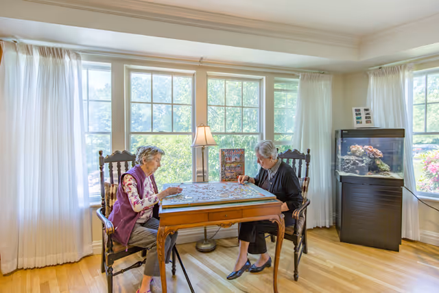 Two elderly women sitting at a wooden table working on a jigsaw puzzle in a bright room with large windows, white curtains, a floor lamp, and a fish tank in the corner.