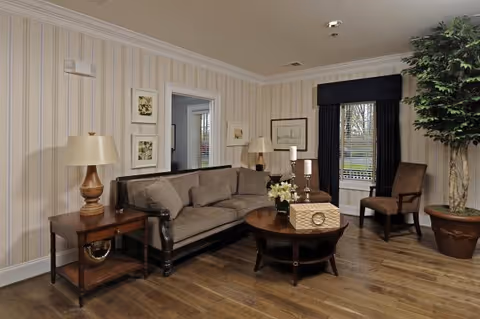 A cozy living room with a brown sofa, a wooden coffee table with decorative items, a side table with a lamp, a single chair near a window with dark curtains, and a large potted plant in the corner. The walls have light-colored vertical striped wallpaper and framed artwork.