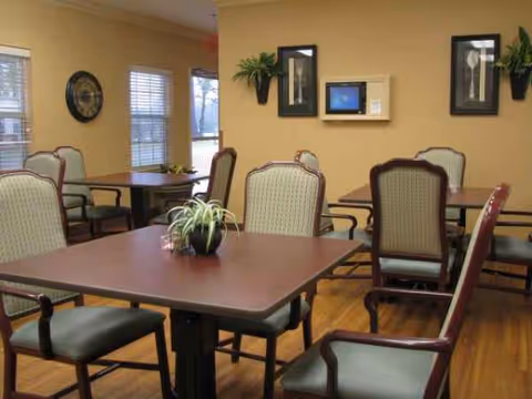 Senior living dining room with wooden tables, cushioned chairs, plants, and wall decorations.