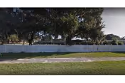 White picket fence and sidewalk in front of a grassy yard with large oak trees and a low building partially visible behind them.