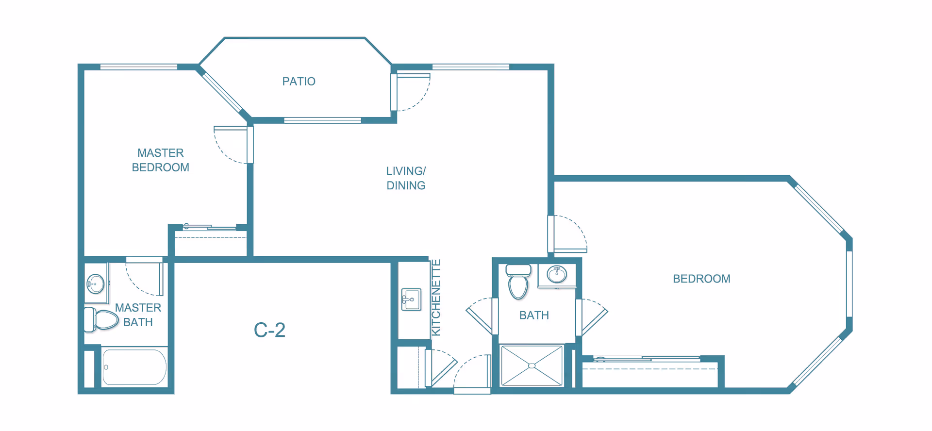 Architectural floor plan of a residential unit labeled C-2 at Holiday Hills Estates | Sky Active Living, showing a master bedroom with attached master bath, a second bedroom, a bath, a kitchenette, a combined living and dining area, and a patio.