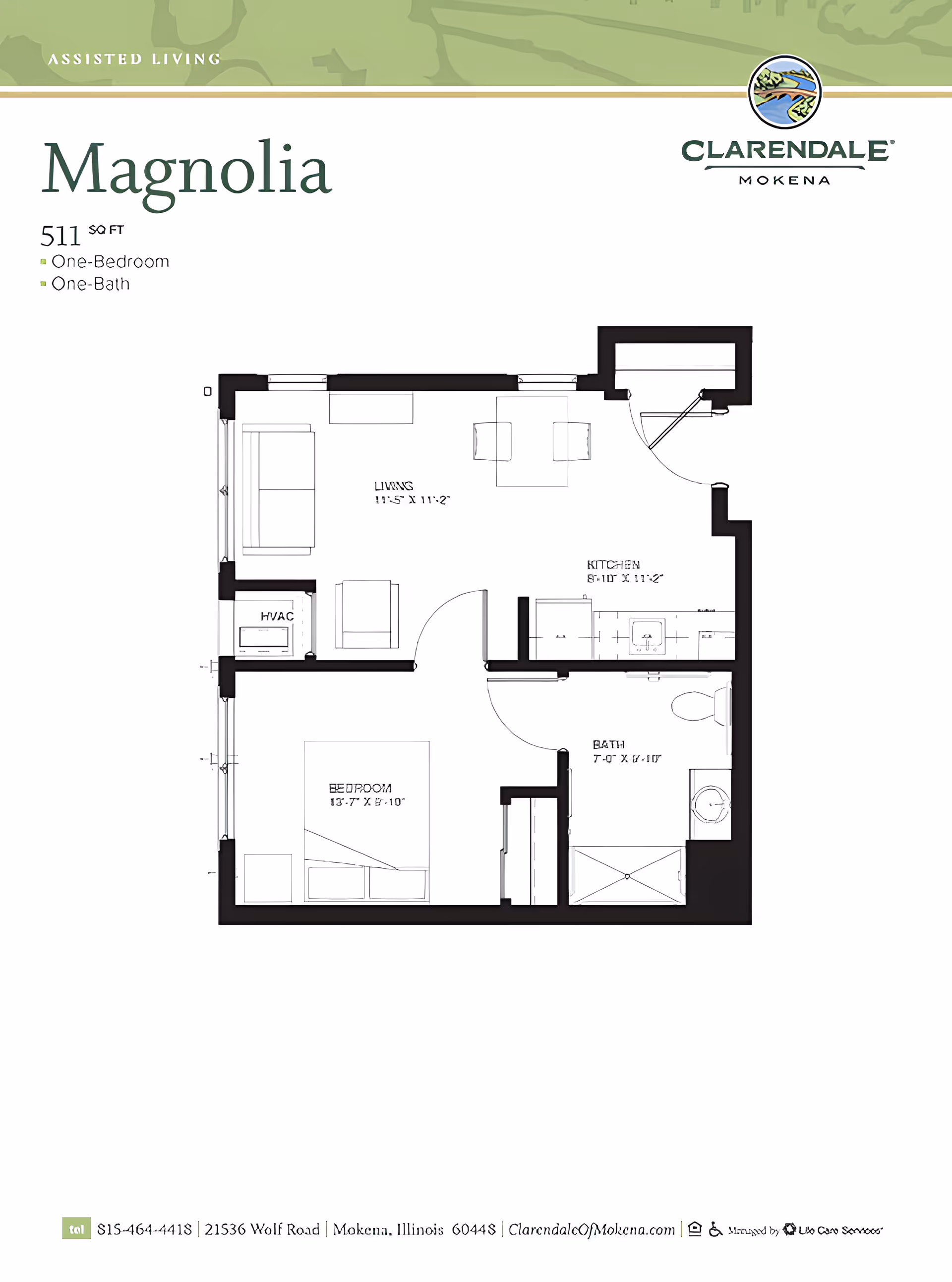Floor plan of Magnolia, a 511 square feet assisted living unit at Clarendale of Mokena, featuring one bedroom, one bathroom, a living area, and a kitchen.