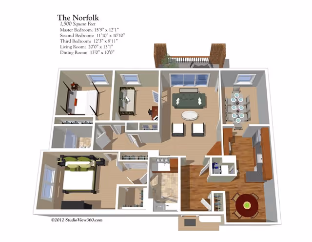 3D floor plan of The Norfolk apartment at The Fairfax at Belvoir Woods showing three bedrooms, a living room, dining room, kitchen, bathroom, and balcony. The layout includes furniture placement and room dimensions.