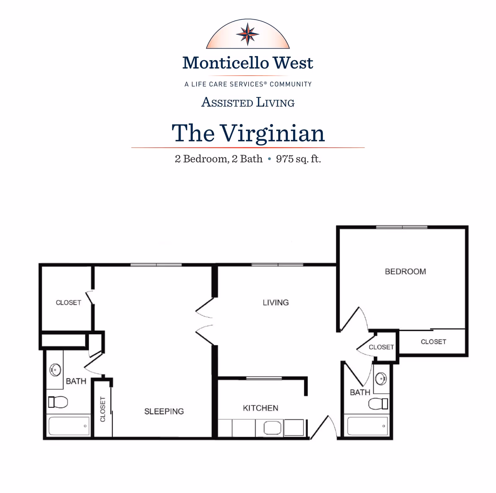 Floor plan for The Virginian at Monticello West assisted living community, showing a 2 bedroom, 2 bath layout with a living room, kitchen, closets, and sleeping areas totaling 975 square feet.