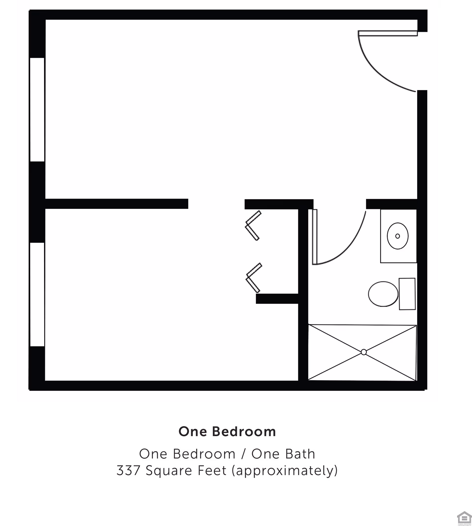 Black-and-white floor plan diagram of a one-bedroom, one-bath apartment showing the bedroom, closet, bathroom with sink, toilet and shower, and the entry door.