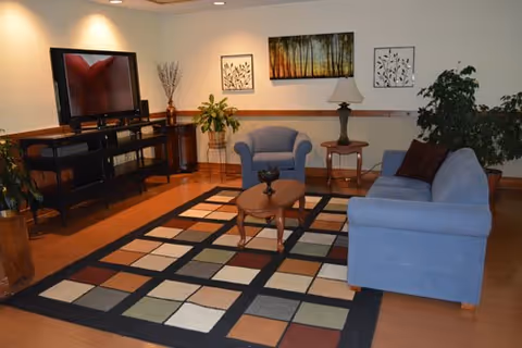A cozy living room with a blue sofa and matching armchair, a wooden coffee table on a colorful geometric patterned rug, a TV on a black stand, and several potted plants and framed artwork on the walls.