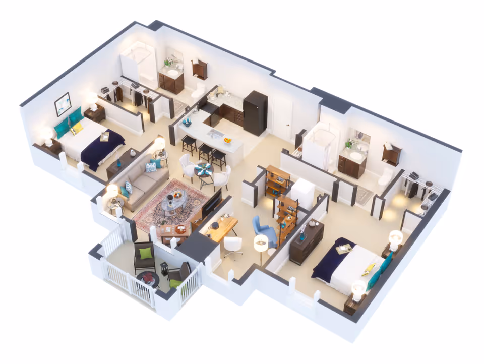 3D floor plan of a senior living apartment featuring two bedrooms, two bathrooms, a kitchen with an island and bar stools, a living room with sofa and TV, a dining area with a round table and chairs, a small office space with a desk and chair, and a balcony with outdoor seating.