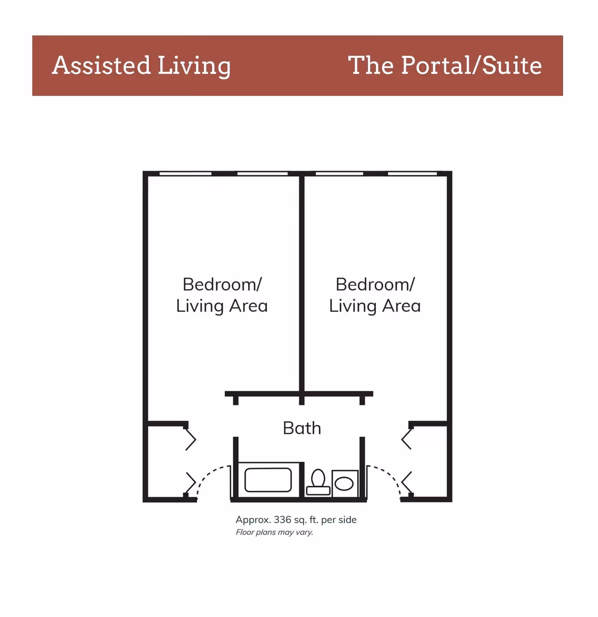 Floor plan for an assisted living suite named The Portal/Suite at Red Cedar Glen, showing two bedroom/living areas on either side of a central bathroom. Each bedroom/living area has a separate entrance, and the bathroom includes a bathtub, toilet, and sink. Approximate size is 336 square feet per side.