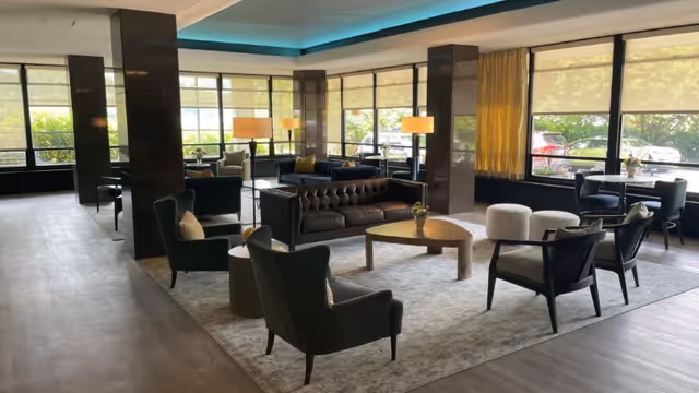 A spacious and well-lit living room area with large windows allowing natural light to fill the space. The room features a dark brown tufted sofa, several armchairs with cushions, a wooden coffee table with a small plant, and multiple floor lamps. The floor is covered with a large area rug, and there are additional seating areas with small tables near the windows.