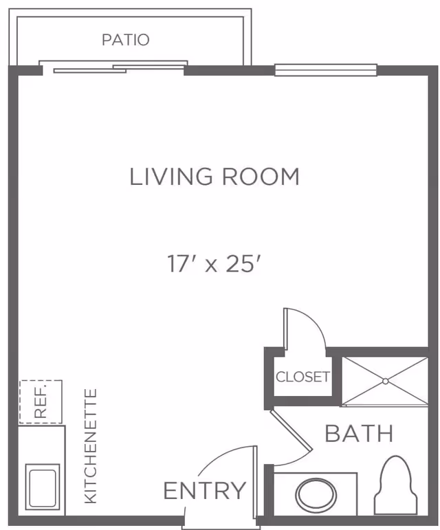 Floor plan of a living space at BridgePoint at Los Altos showing a living room measuring 17 feet by 25 feet, a kitchenette with a refrigerator, an entry area, a bathroom with a toilet and shower, a closet, and a patio.