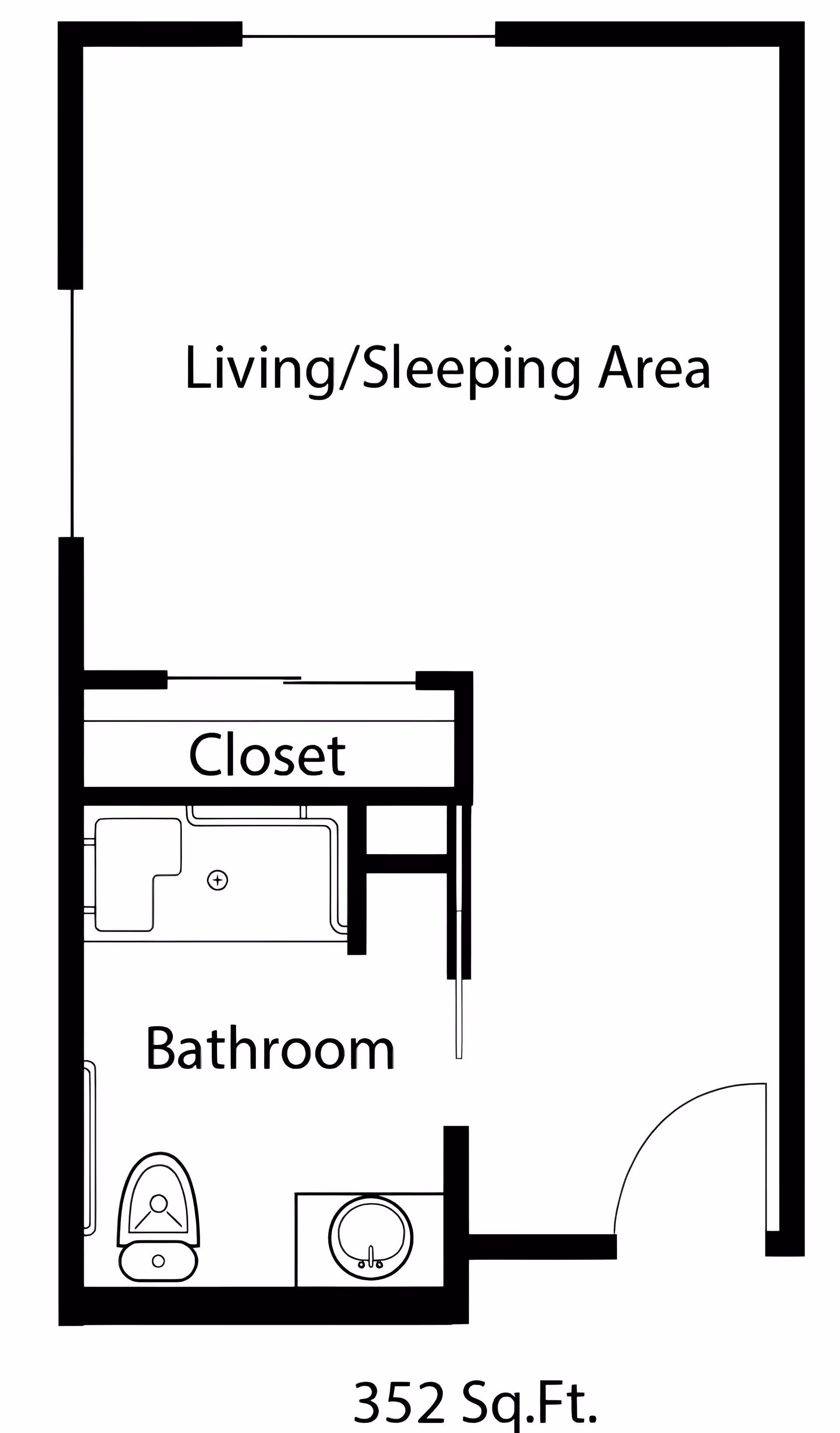 Black-and-white floor plan of a 352 sq. ft. studio showing a living/sleeping area, closet, and bathroom with toilet, sink, and tub.
