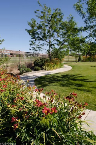 A sunny outdoor garden area with a curved concrete pathway bordered by green grass and flowering plants with red blooms. Trees and shrubs are visible along the path, and a black metal fence runs along the left side of the garden under a clear blue sky.