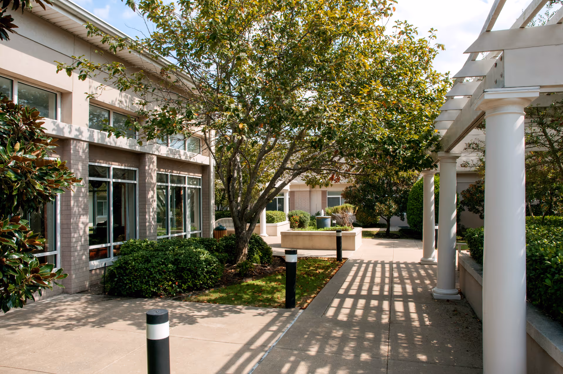 Outdoor courtyard area at a senior living facility with a paved walkway, white columns supporting a pergola, green bushes, trees, and windows of the building visible on the left side.