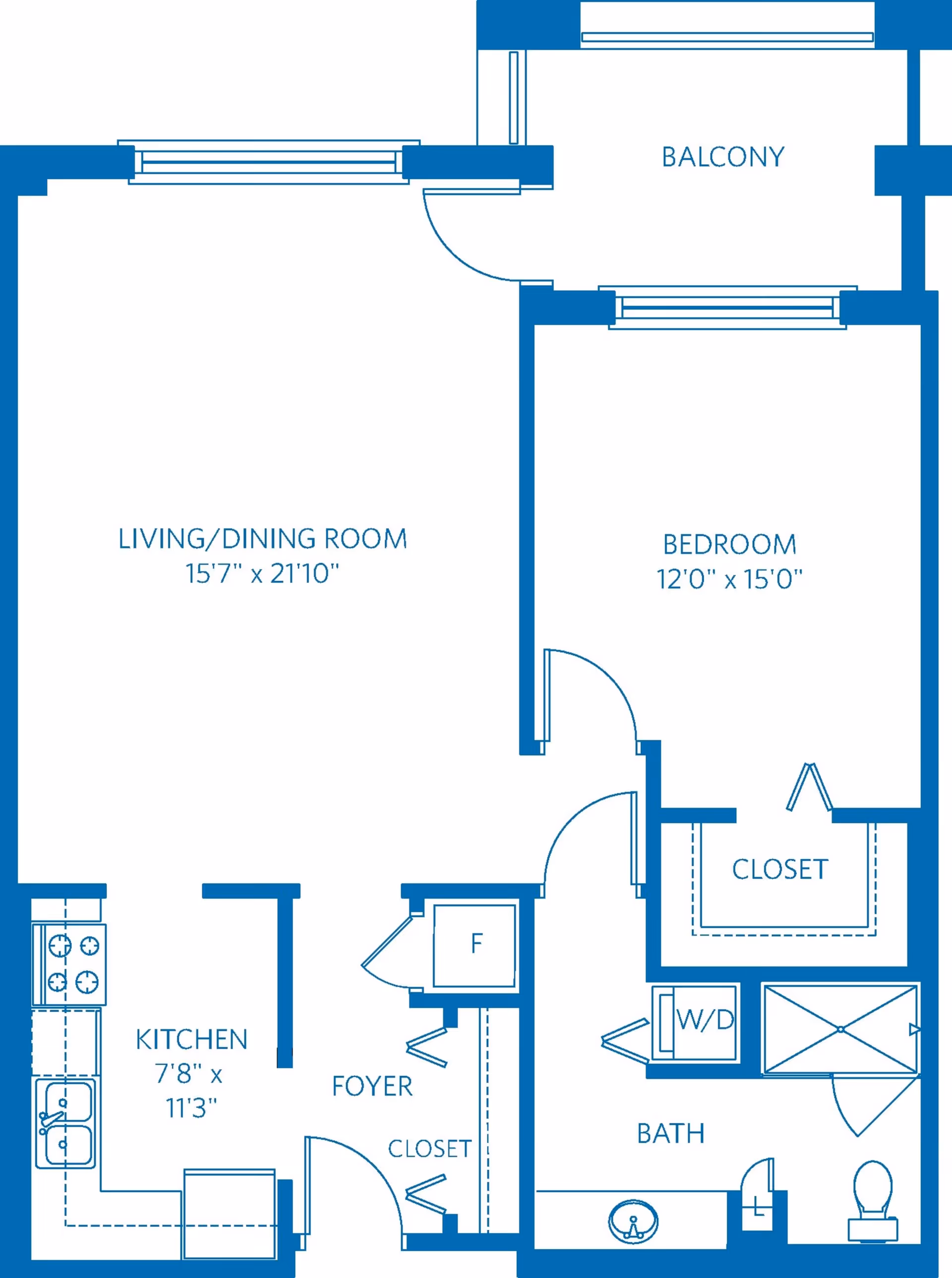 Architectural floor plan of a one-bedroom apartment at Vi at Highlands Ranch, showing a living/dining room, kitchen, bedroom with closet, bathroom with washer/dryer, foyer with closet, and a balcony.