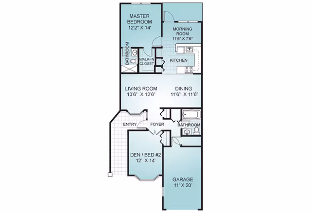 Floor plan showing a one-level layout with a master bedroom, den/bedroom #2, living room, dining area, kitchen with morning room, two bathrooms, foyer/entry, and an attached garage.