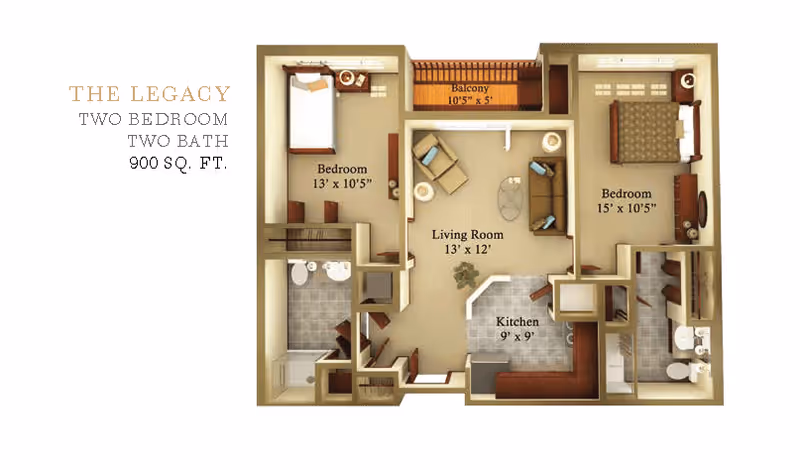 Floor plan of The Legacy two-bedroom, two-bath senior living apartment with 900 square feet. It shows two bedrooms, a living room, a kitchen, two bathrooms, and a balcony. Dimensions for each room are included.