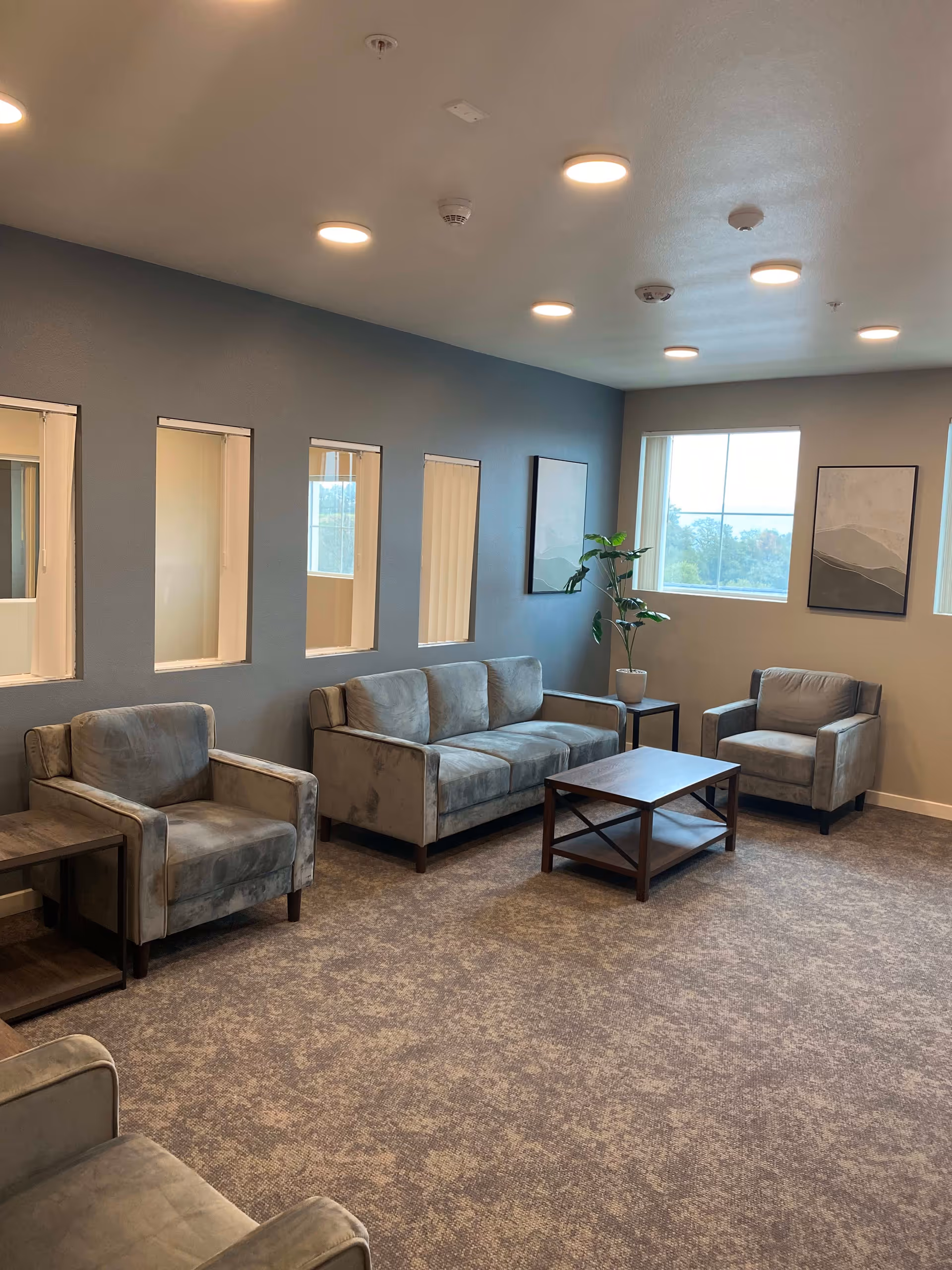 A modern living room with gray upholstered furniture including a three-seat sofa and two armchairs. There is a wooden coffee table in the center and side tables next to the chairs. The room has a carpeted floor, a gray accent wall with four narrow windows, and two large windows on the adjacent wall letting in natural light. Two framed abstract artworks and a potted plant are also visible.