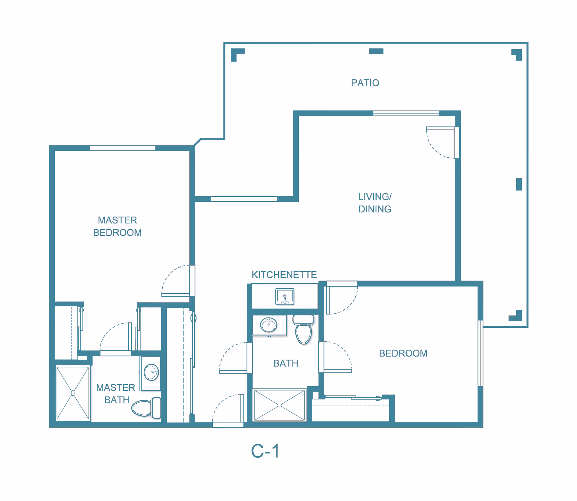 Architectural floor plan labeled C-1 showing a layout with a master bedroom and master bath, a second bedroom, a bath, kitchenette, living/dining area, and a patio.