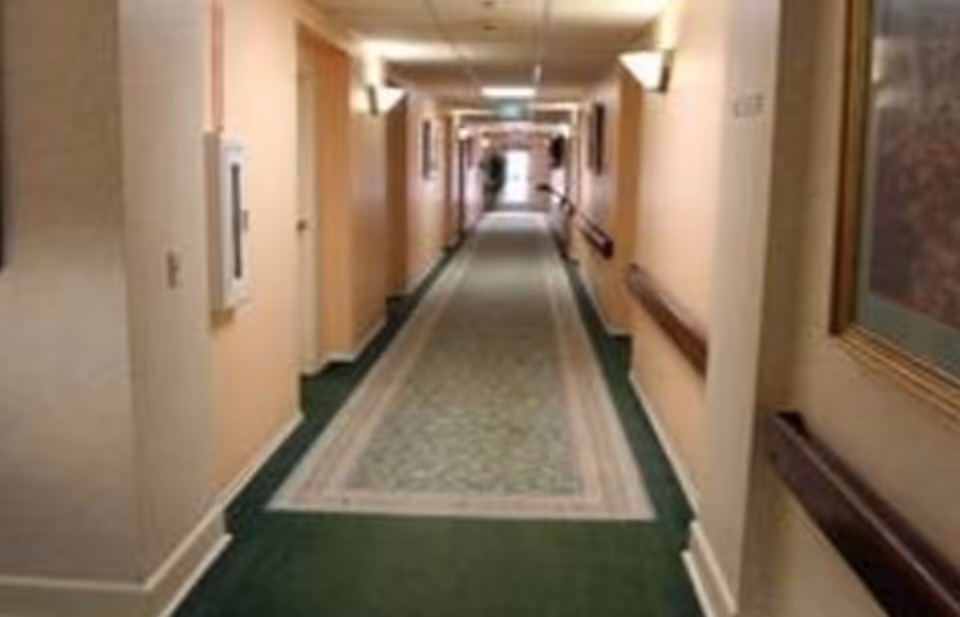 Long carpeted interior hallway with handrails, wall sconces, and doors along both sides.