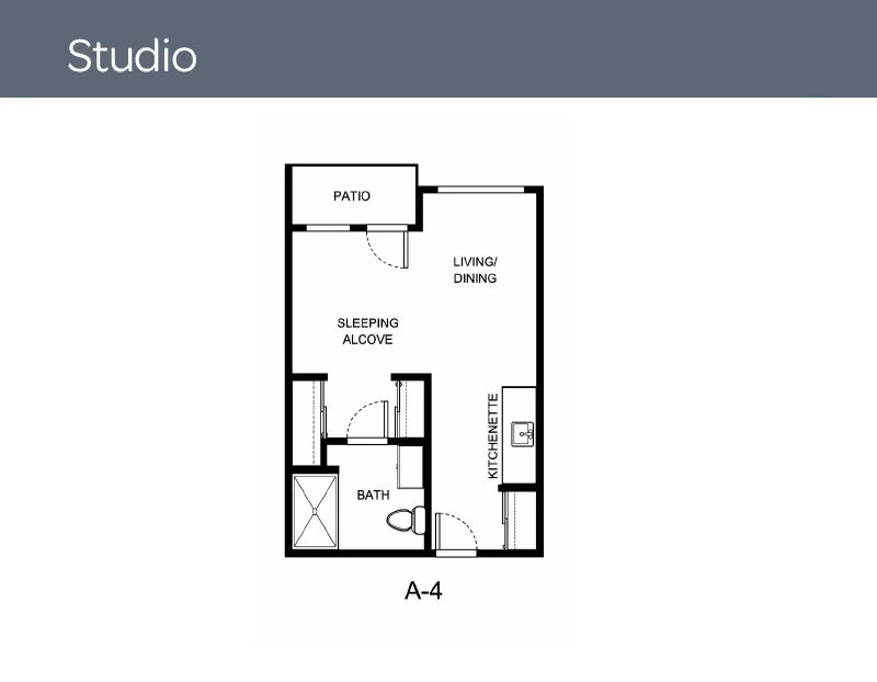 Floor plan of a studio apartment labeled A-4 showing a patio, sleeping alcove, living/dining area, kitchenette, and bathroom.
