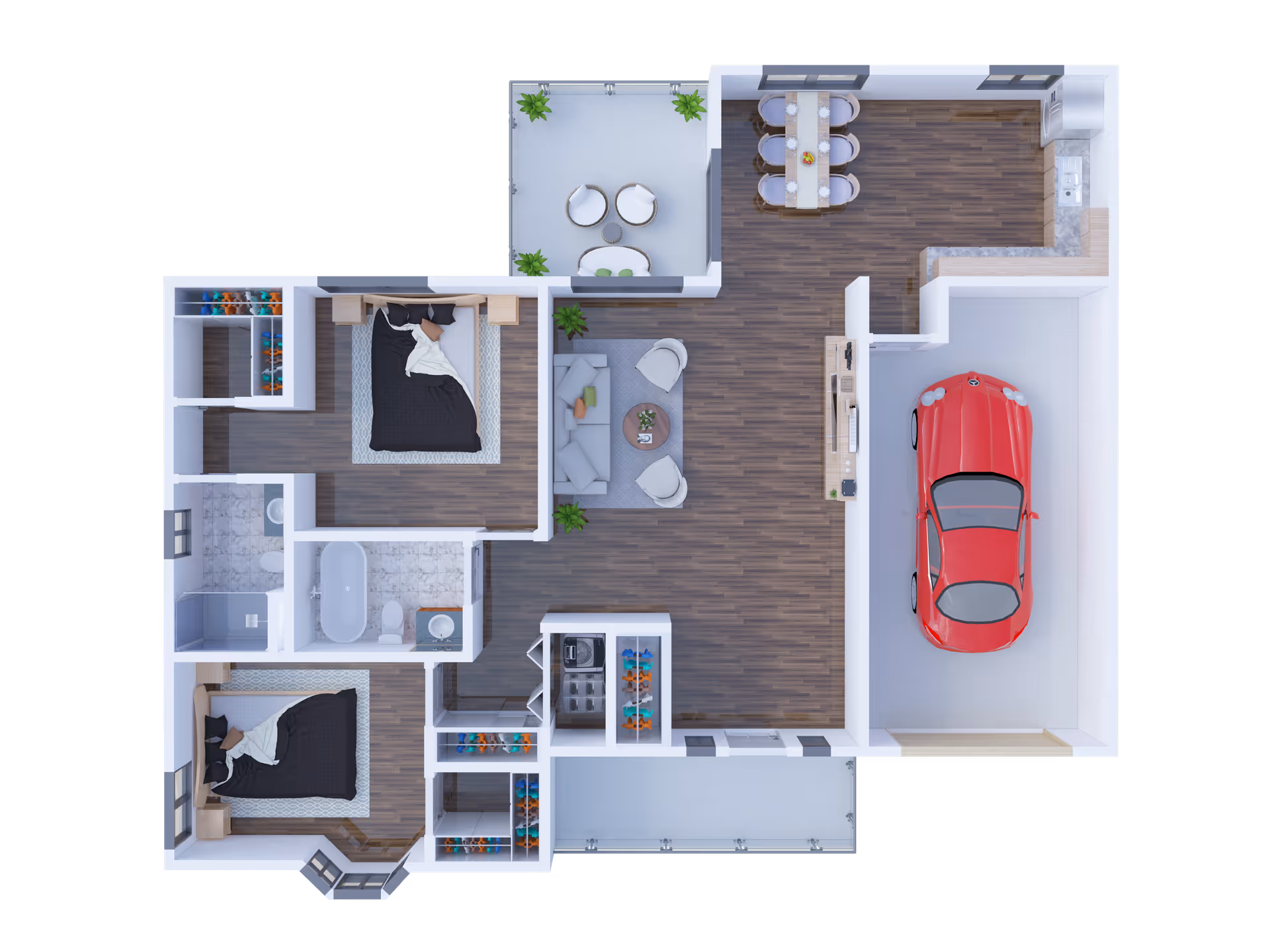 Top-down 3D floor plan of a residential unit featuring two bedrooms, a bathroom with a bathtub and shower, a living room with seating, a dining area with a table and six chairs, a kitchen with appliances, a garage with a red car, and two balcony/patio areas with outdoor furniture.