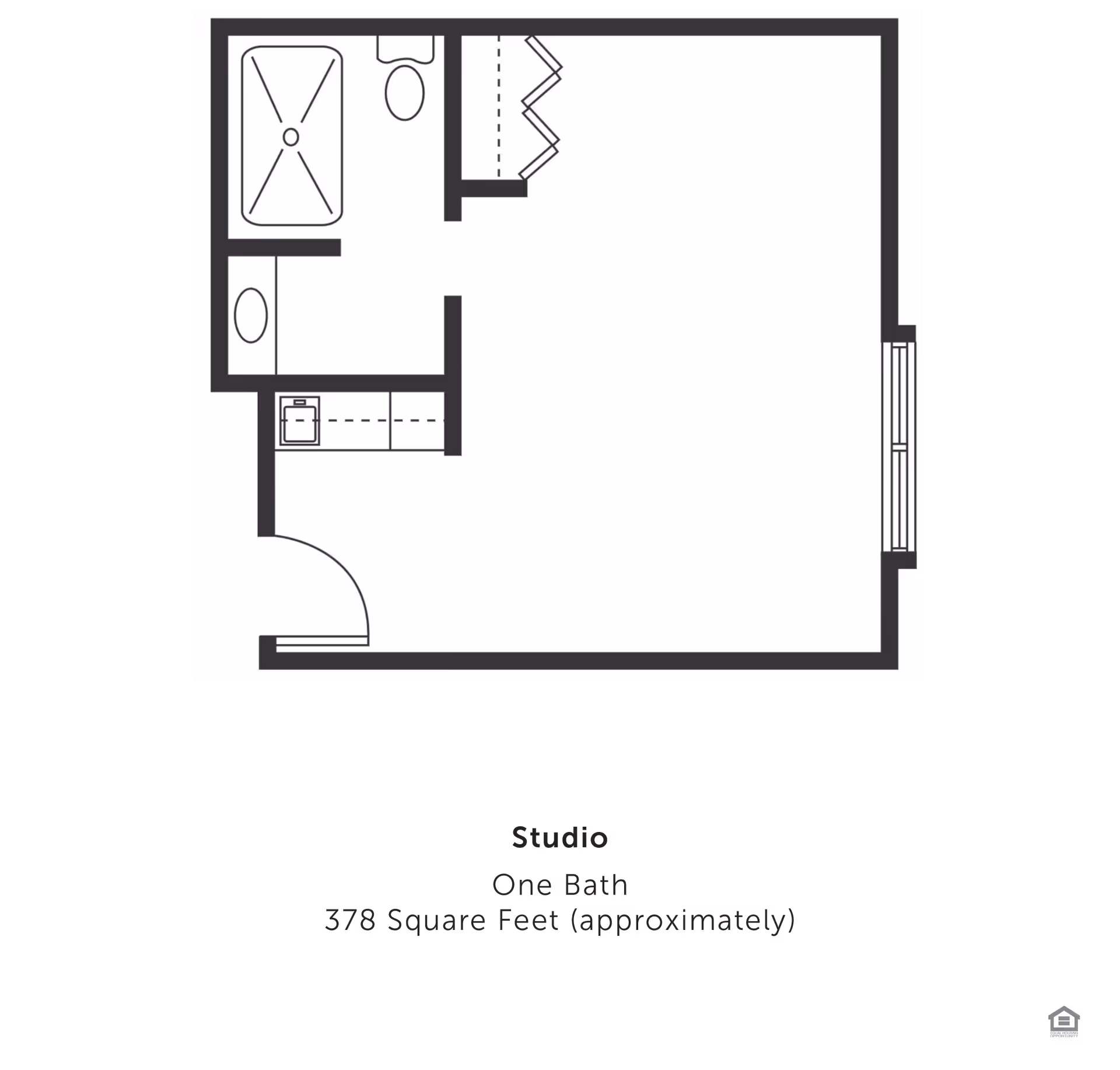Black-and-white floor plan of a studio apartment showing a bath, kitchenette, closet and entry door.