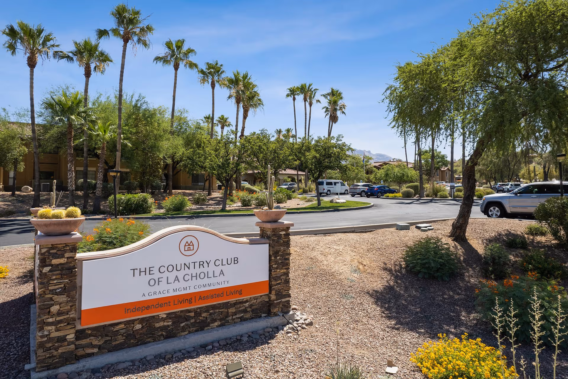 Outdoor view of The Country Club of La Cholla senior living community entrance sign surrounded by desert landscaping with palm trees, shrubs, and a parking lot with cars in the background under a clear blue sky.