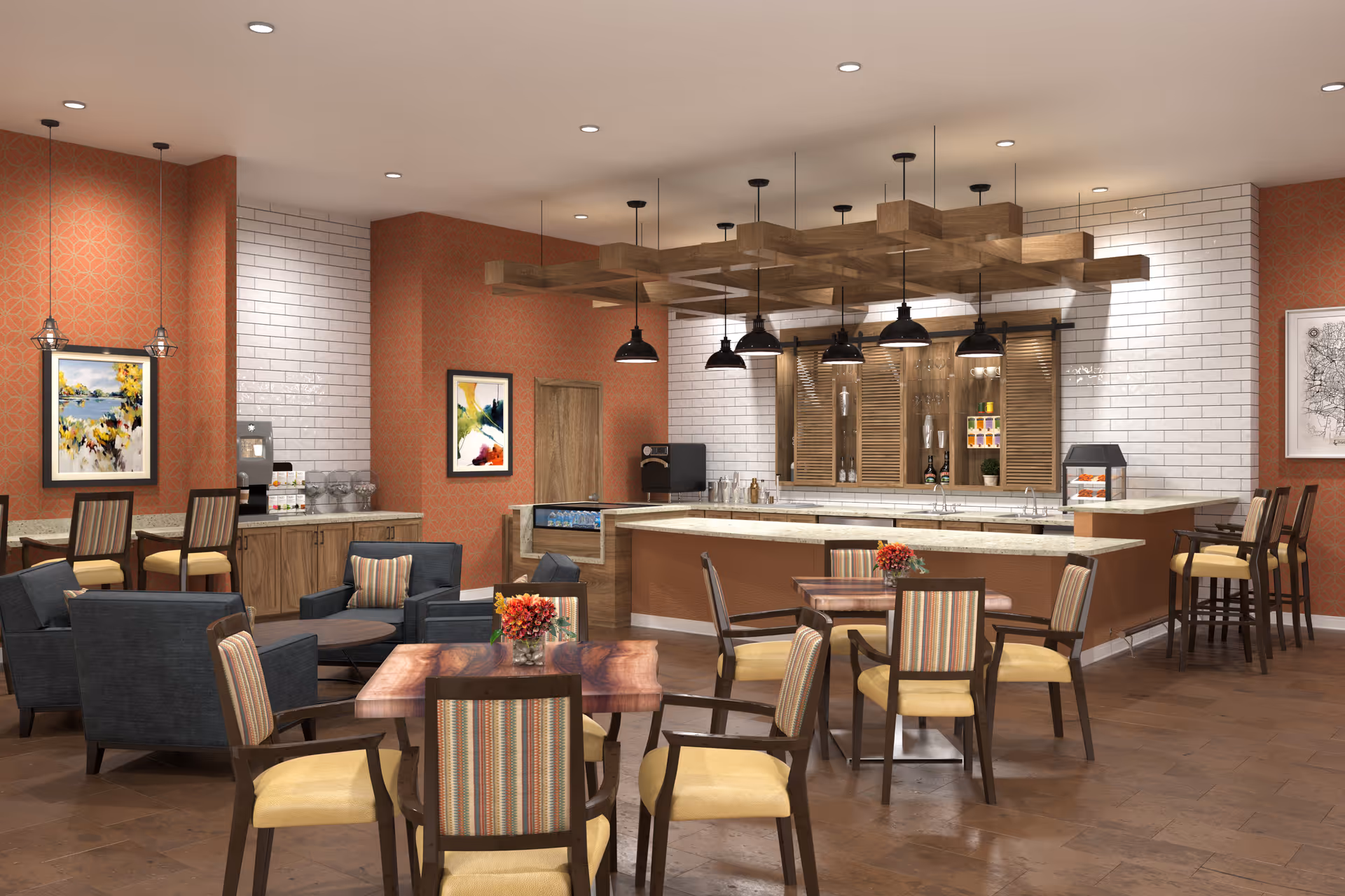 A modern communal dining and lounge area with several wooden tables and chairs featuring yellow cushions and striped backs. There are dark blue armchairs arranged around a low table. The room has warm orange patterned walls, white subway tile accents, and wooden cabinetry. Pendant lights hang from a wooden ceiling fixture above a large kitchen island with a countertop. Artwork is displayed on the walls.