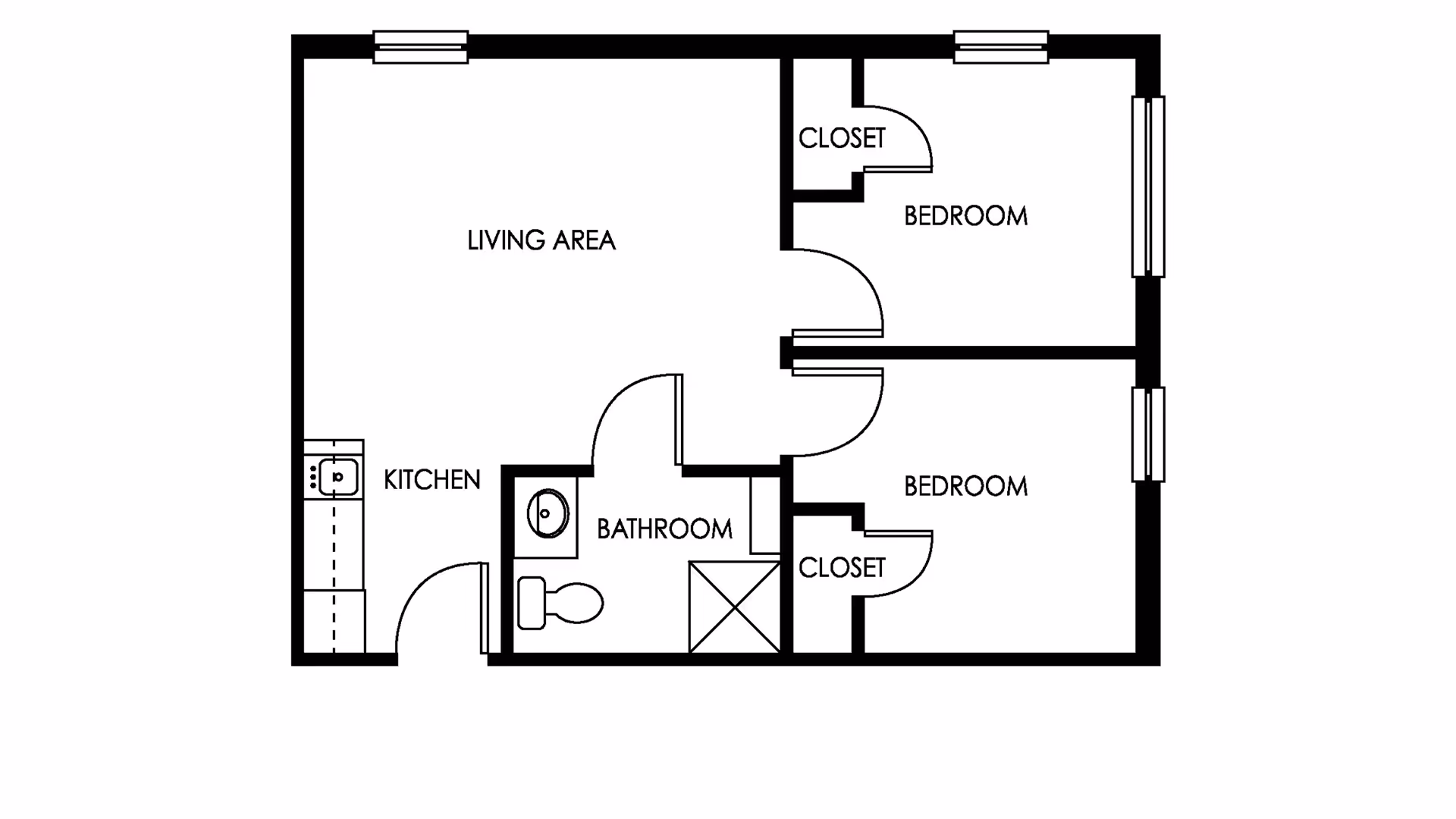Floor plan of a residential unit showing a kitchen, living area, bathroom, and two bedrooms each with a closet.